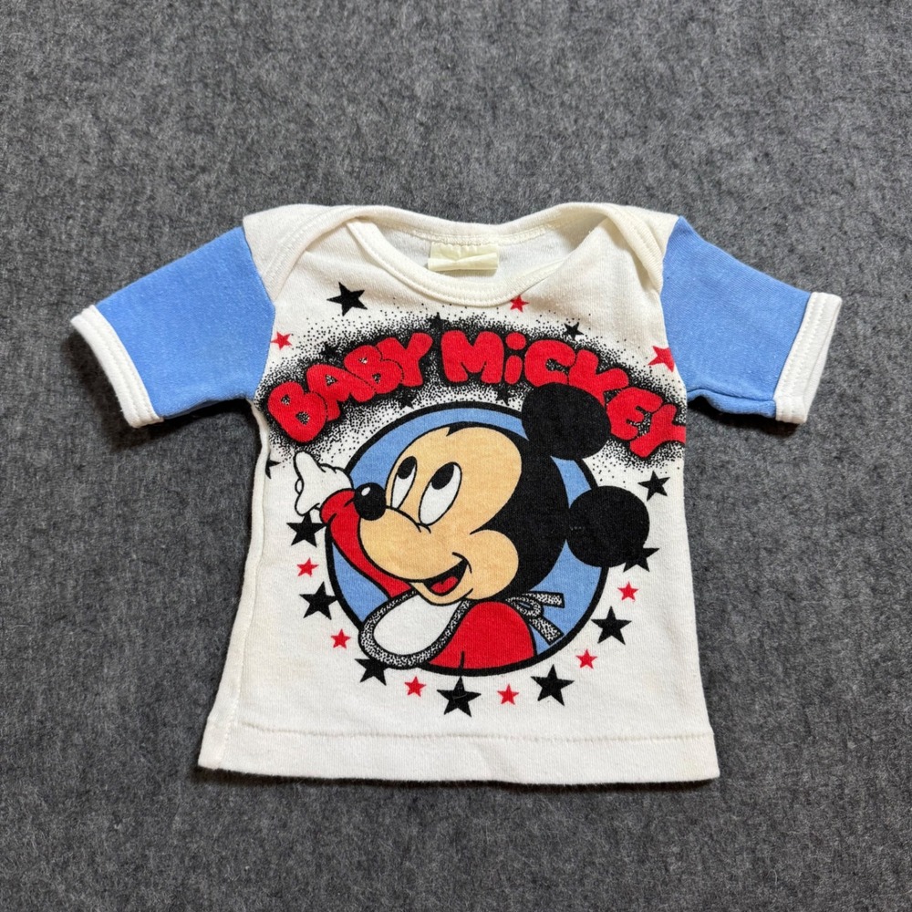 VTG 80s RARE Disney Baby Mickey Mouse Ringer T-Shirt Blue White 3-6 Months